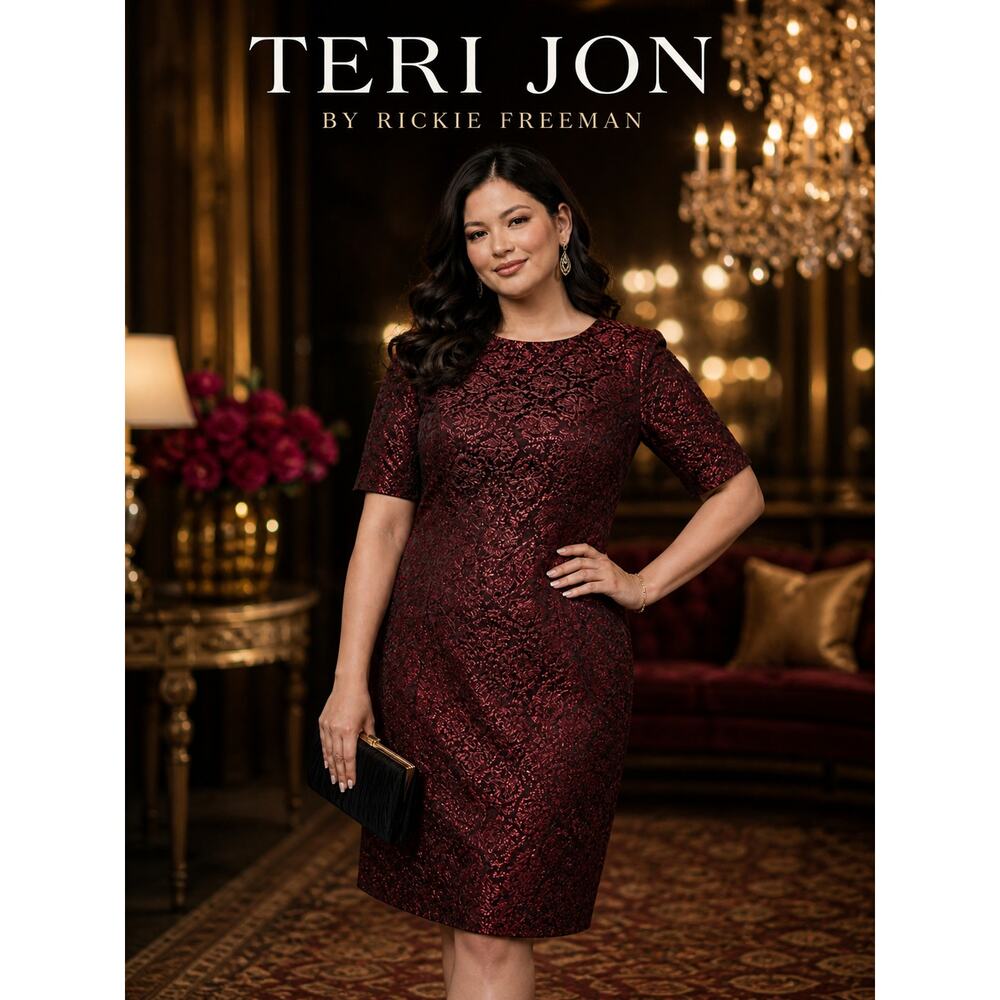 Rickie Freeman Teri Jon Burgundy Brocade Cocktail Dress Size 10 Elegant Sheath